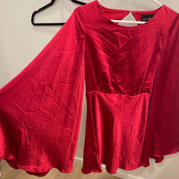 Size S Red Satin Flare Sleeve Mini Dress - Picture 3 of 6